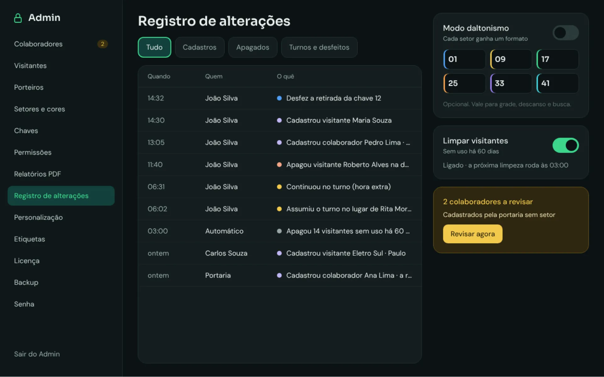 Admin screen with the change log, color-blind mode and visitor cleanup
