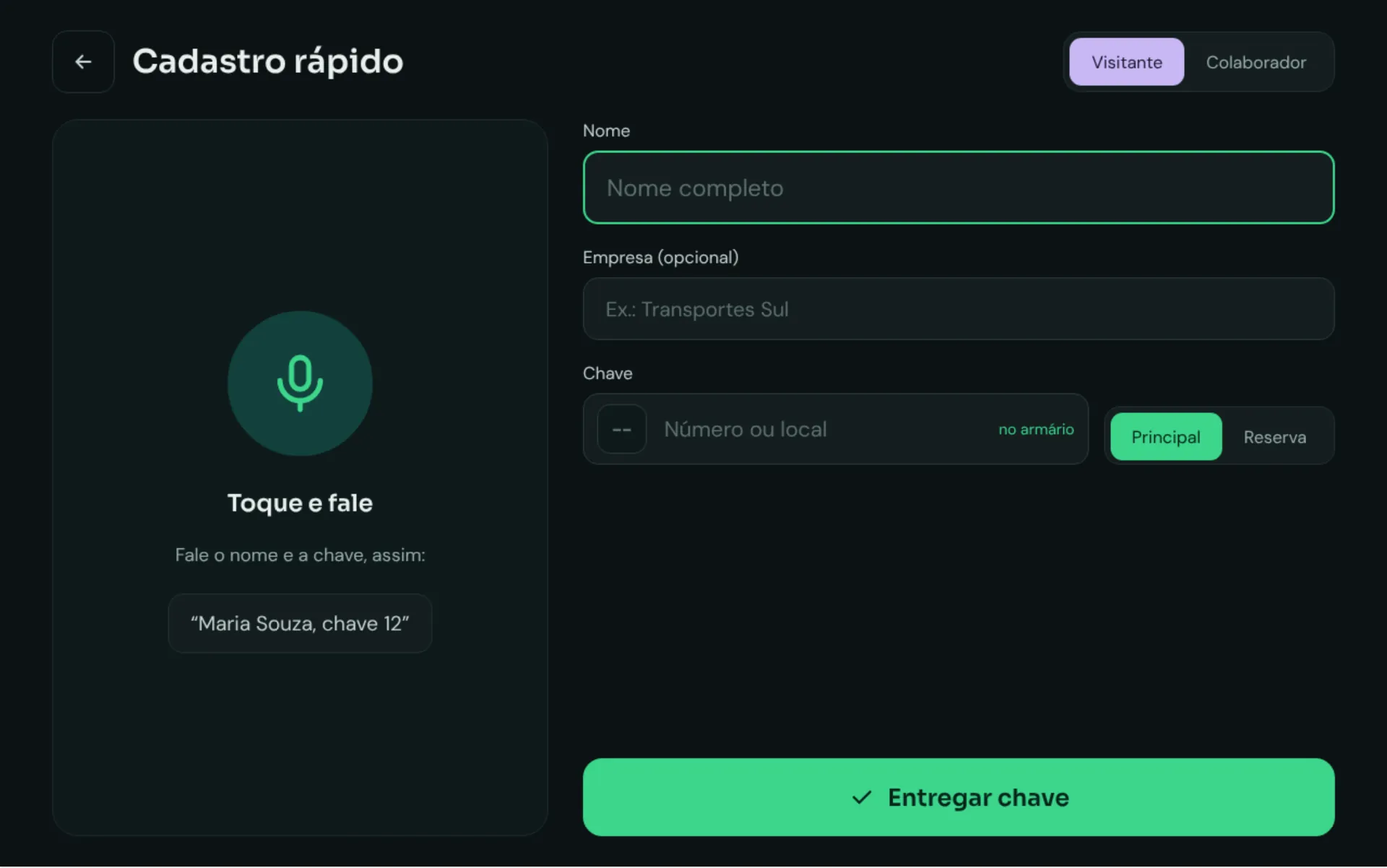 Quick sign-up screen with a Tap and speak button and name, company and key fields