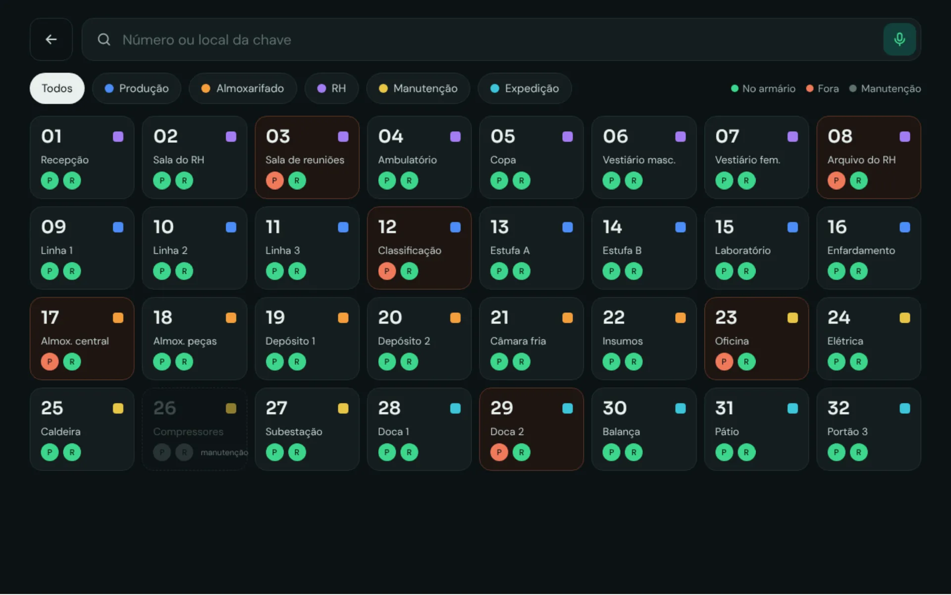Grid of color-coded keys with main and spare hooks and status legend