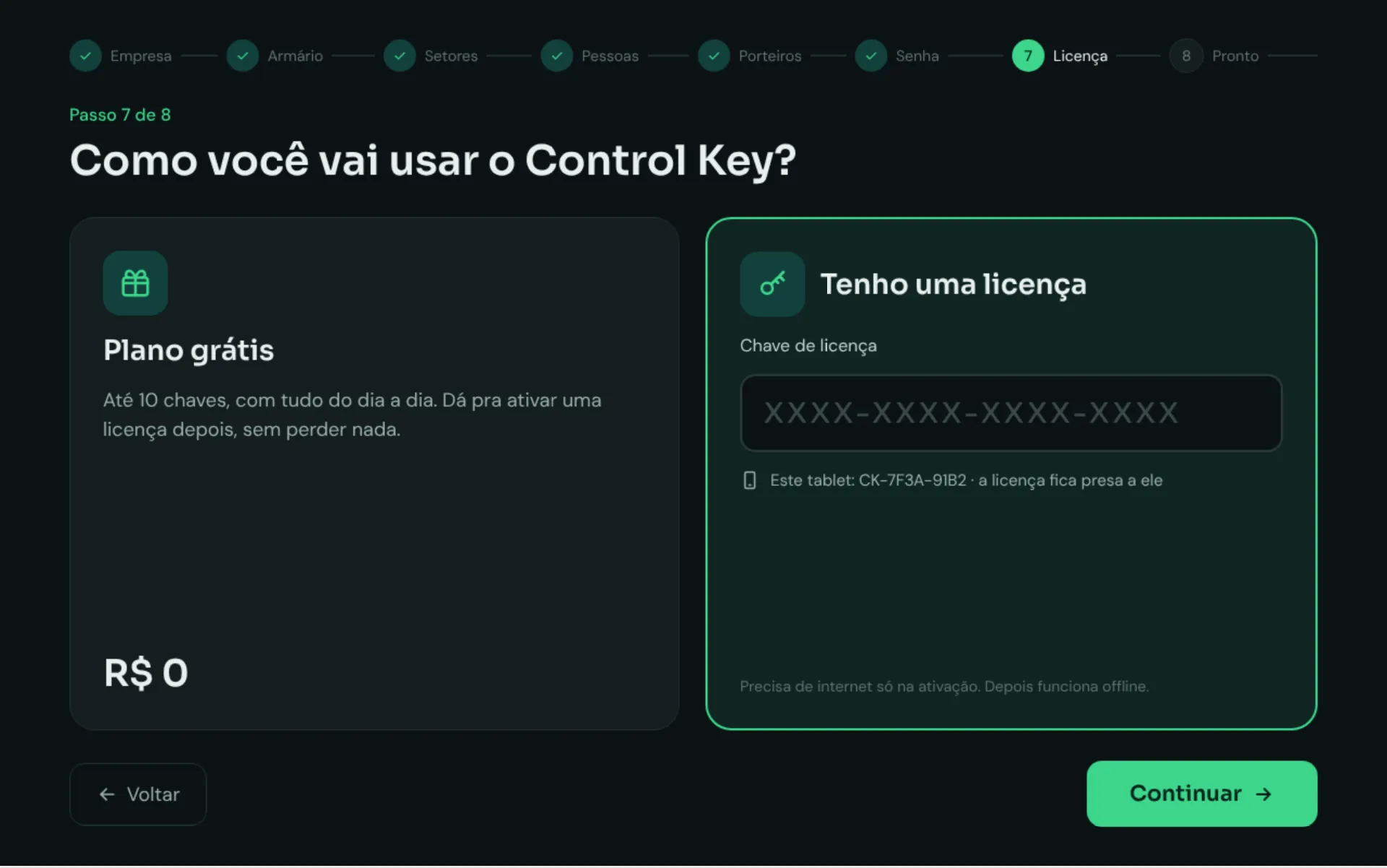 License step: free plan or license key