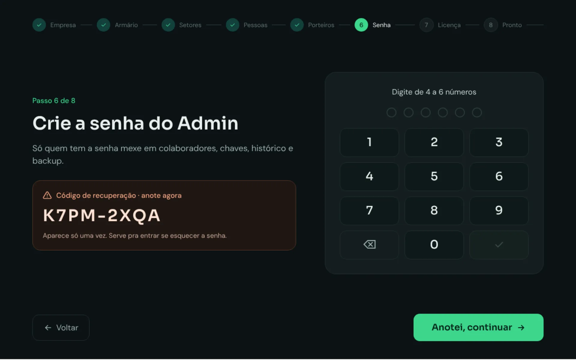 Admin password step with recovery code